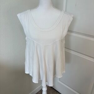Free People White Ribbed Babydoll Tank Top Sleeveless Deep V-Back Small